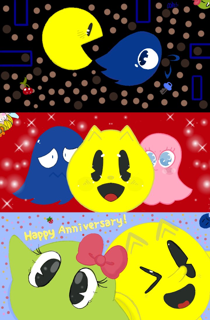 Happy Anniversary Pac-Man! 
I did a drawing because why not?
#PacMan #Miru #Mil #Pinky #PowerPellets #Waka #Namco #bandainamco #namcot