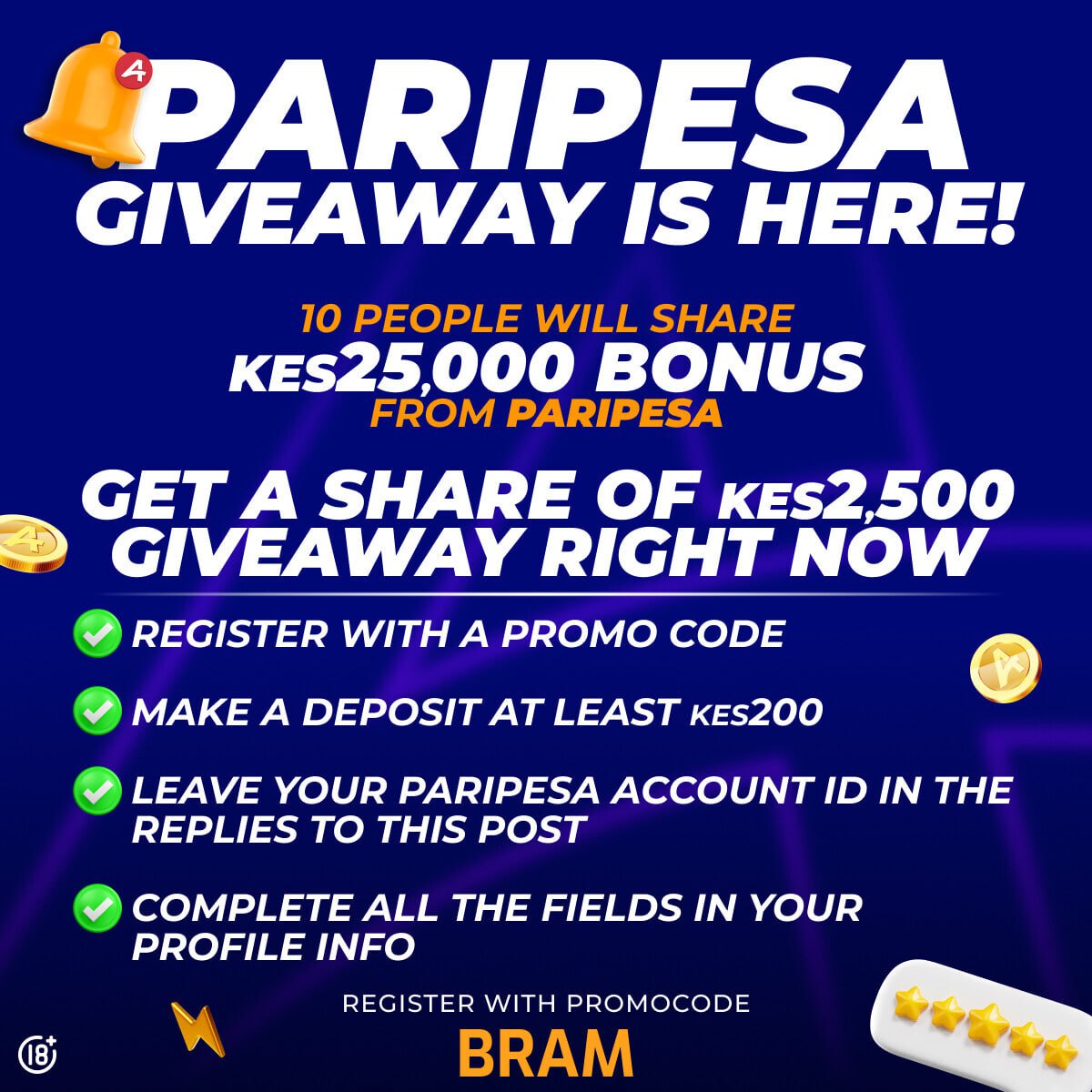 bramke_'s tweet photo. Giveaway 🔥🔥🔥🔥🔥

25,000 to be shared amongst 10 pals🥳🥳🥳🥳🥳

🎁 Giveaway is here! 10 people will share 25000 KES bonus from PariPesa.
📢 Get a share of 2500 KES giveaway right now
✅ Create an account using promo code BRAM
✅ Make a deposit at least 600KES
✅ LEAVE your Paripesa Account ID in the REPLIES to this post
✅ Complete ALL THE FIELDS in your Profile Info
Open your twitter DM.