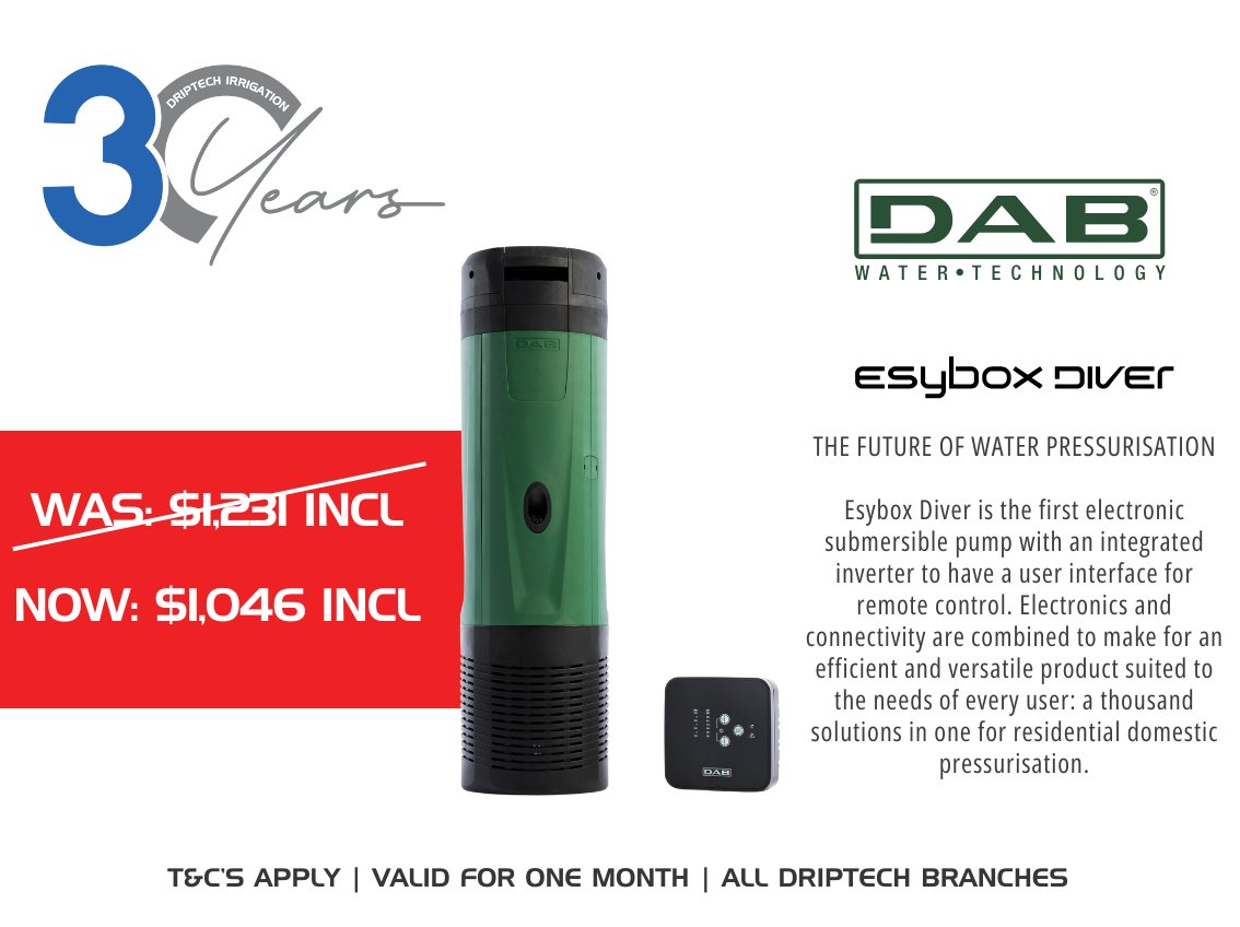 DriptechI's tweet image. DripTech turns 30! 
Celebrate with exclusive one-month-only discounts on the premium DAB Esybox range.

Save big on Esybox Mini, Esybox, Esy Diver &amp;amp; Max!Limited stock – visit any DripTech branch across today!

#DABPumps #DripTech30 #ZimDeals