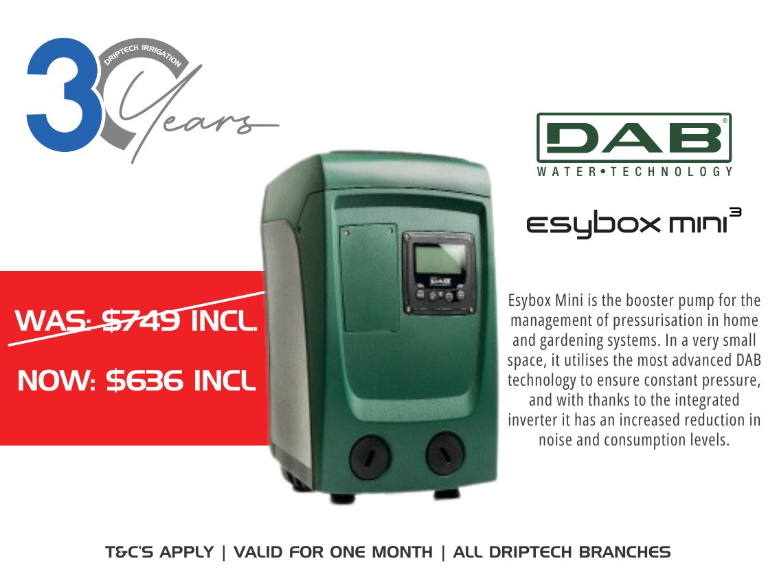 DriptechI's tweet image. DripTech turns 30! 
Celebrate with exclusive one-month-only discounts on the premium DAB Esybox range.

Save big on Esybox Mini, Esybox, Esy Diver &amp;amp; Max!Limited stock – visit any DripTech branch across today!

#DABPumps #DripTech30 #ZimDeals