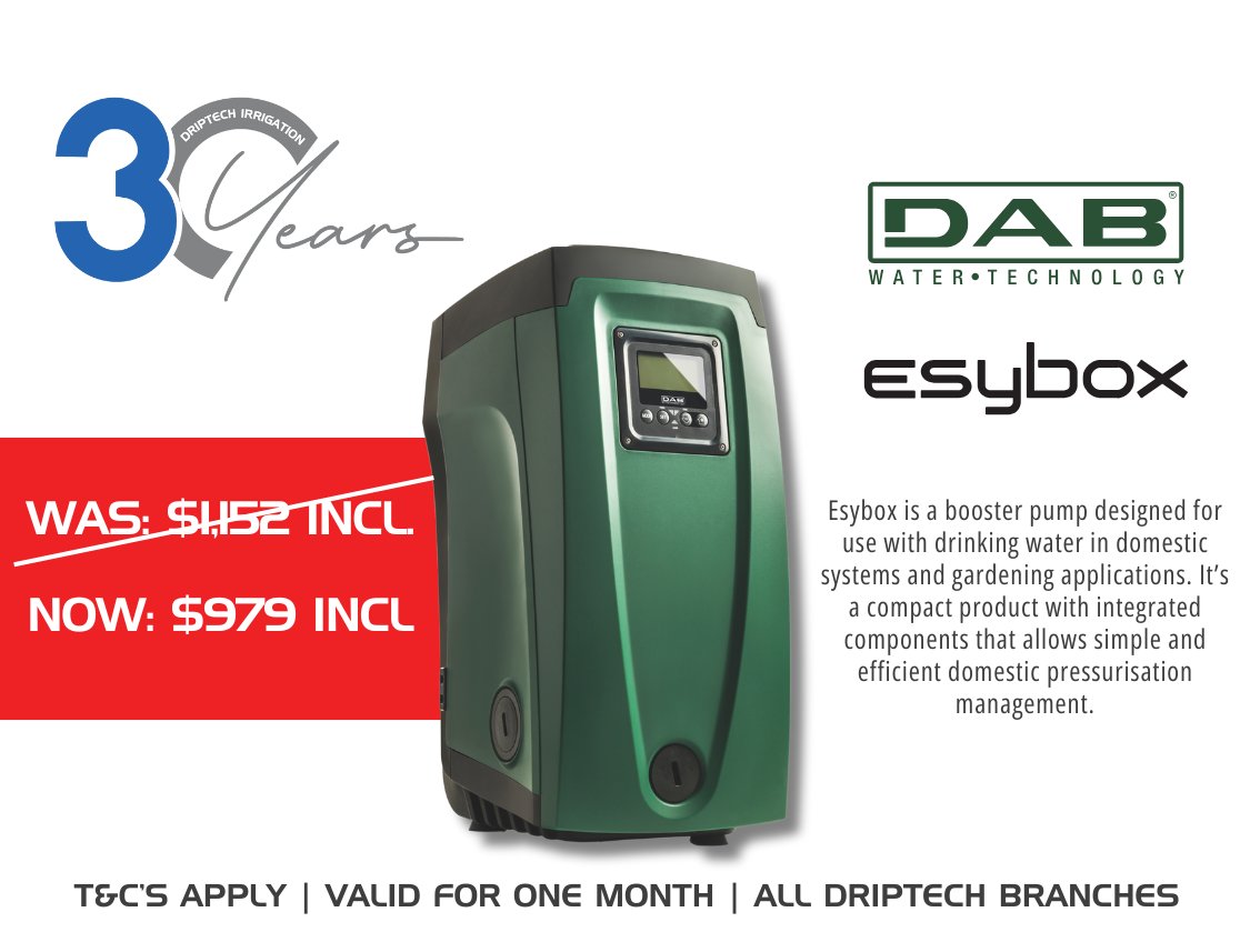 DriptechI's tweet image. DripTech turns 30! 
Celebrate with exclusive one-month-only discounts on the premium DAB Esybox range.

Save big on Esybox Mini, Esybox, Esy Diver &amp;amp; Max!Limited stock – visit any DripTech branch across today!

#DABPumps #DripTech30 #ZimDeals