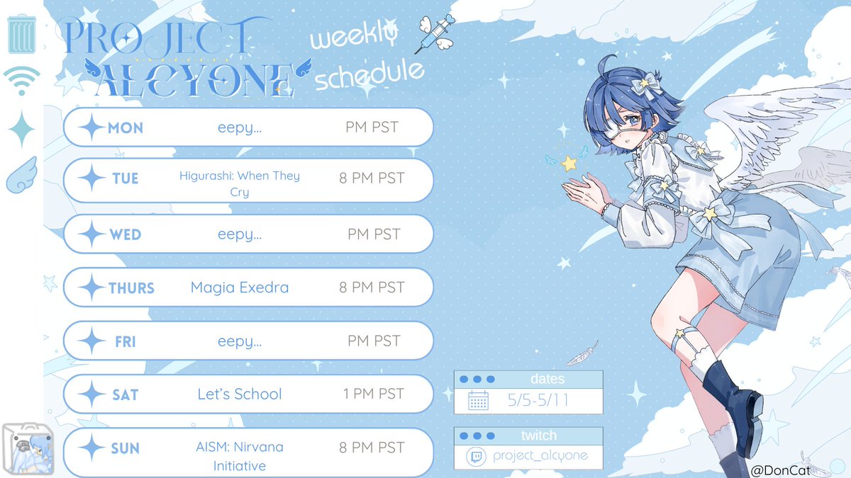 project_alcyone's tweet photo. This week's schedule! What are you most excited for?
#Vtuber #stream_schedule #twitch https://t.co/tqwIo8h3Qq