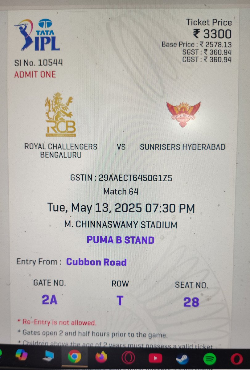 Rcb vs Srh tickets available 🔥

1 ticket Puma B-stand 

Original price 3300

Selling at 8.5k ❣️

M-Ticket with password available 
Online ticket
No scam No BS

Meet at Bellandur/Marathahalli 
Give money, take ticket

Time wasters stay away❌

#rcb #RCBvsSRH #ipltickets