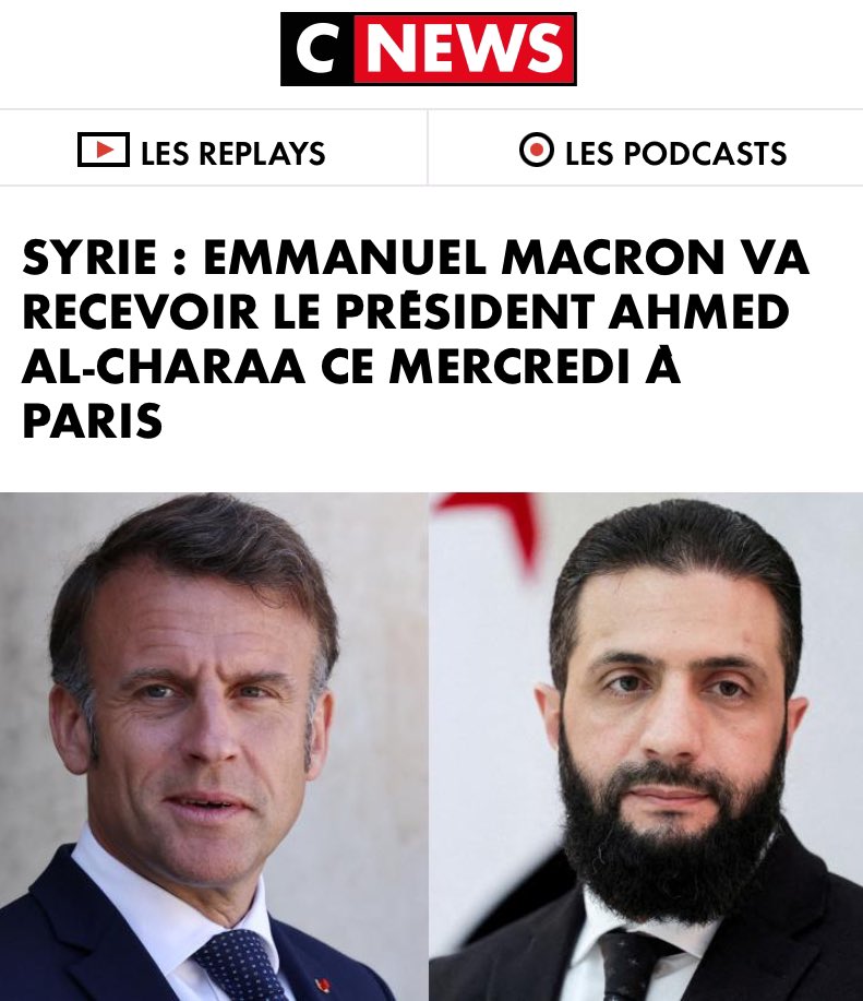 ❗️Ahmed Al Charra, le fondateur de la branche syrienne d’Al Qaida sera reçu sur le perron de l’Elysée par Emmanuel Macron.

Sans doute profitera-t-il de cette visite pour s’essuyer les pieds maculés du sang des Chrétiens, des Alaouites et des Druzes. Comment peut-on ridiculiser à