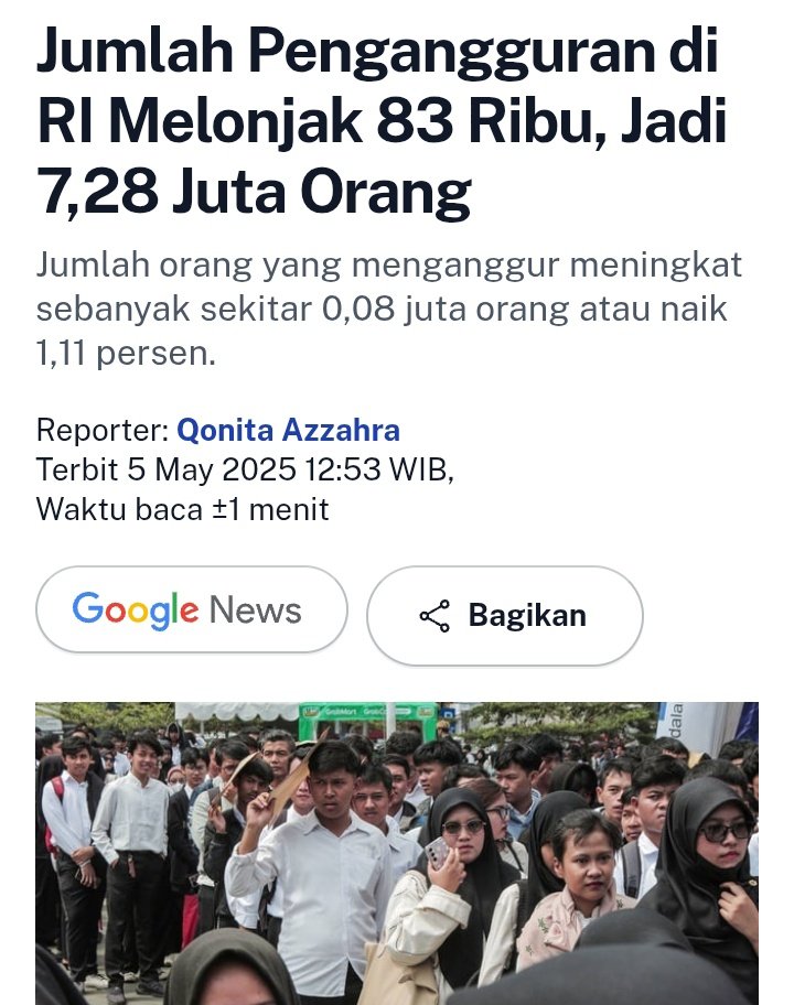 Lapangan kerja (19 juta) - angka Penganguran (7,28 juta) =  Selisih 11.72 juta

Masih sisa Lowongan banyak cuy : 11,72  juta lagii. Wkwkwk