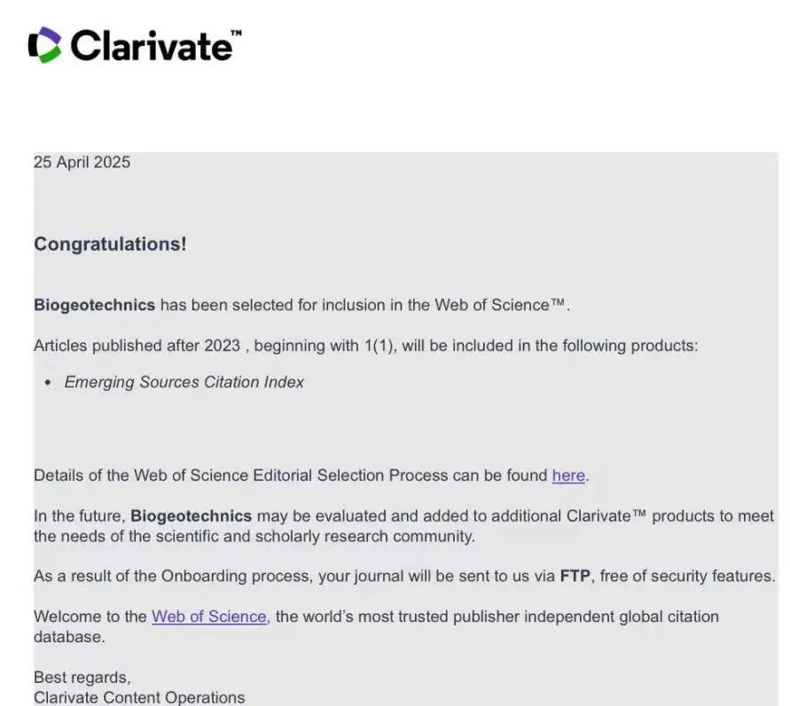 Chongqing University's journal Biogeotechnics has officially been indexed in Clarivate's Emerging Sources Citation Index (ESCI). This recognition of the journal's high academic quality and international impact marks a significant milestone since its launch in 2023. 📚🌍
