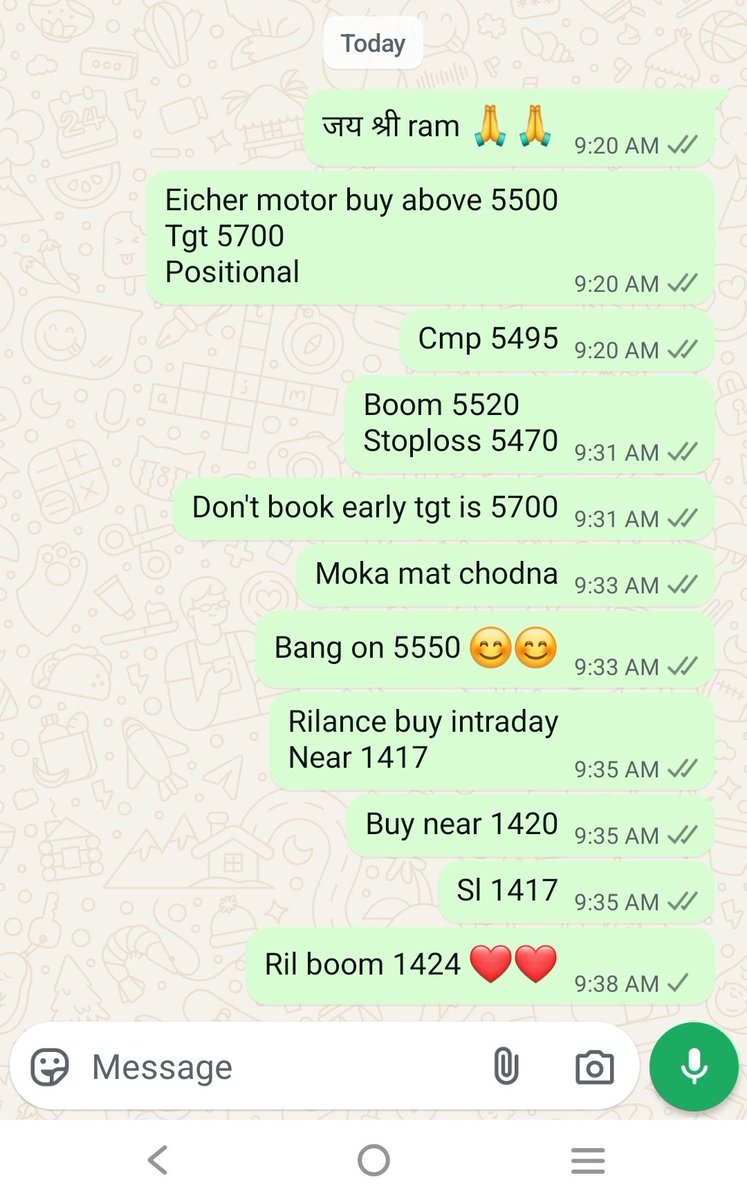 vikas_astrofin's tweet image. Guess what ☺️☺️
Again jackpot
#eichermotors bought at 5500,sold on top 5590
And 0.1% stoploss in reliance, sl was shifted to 1418.5
Jai shree ram 🙏🙏
Thank you prabhu for giving 
Back to back jackpots to group members