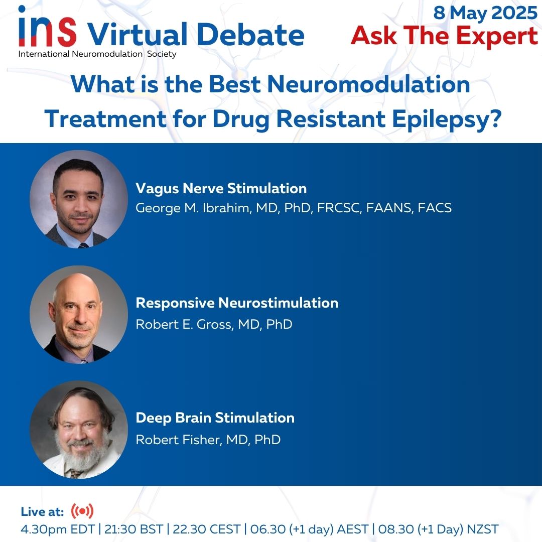 Meet the experts who will delve into the latest advancements in #neuromodulation therapies for drug-resistant epilepsy.

🕦 4:30pm EDT 
🔗 Submit your questions in advance and register at: bit.ly/INS-May-2025
#EpilepsyCare  #FutureOfMedicine #CME