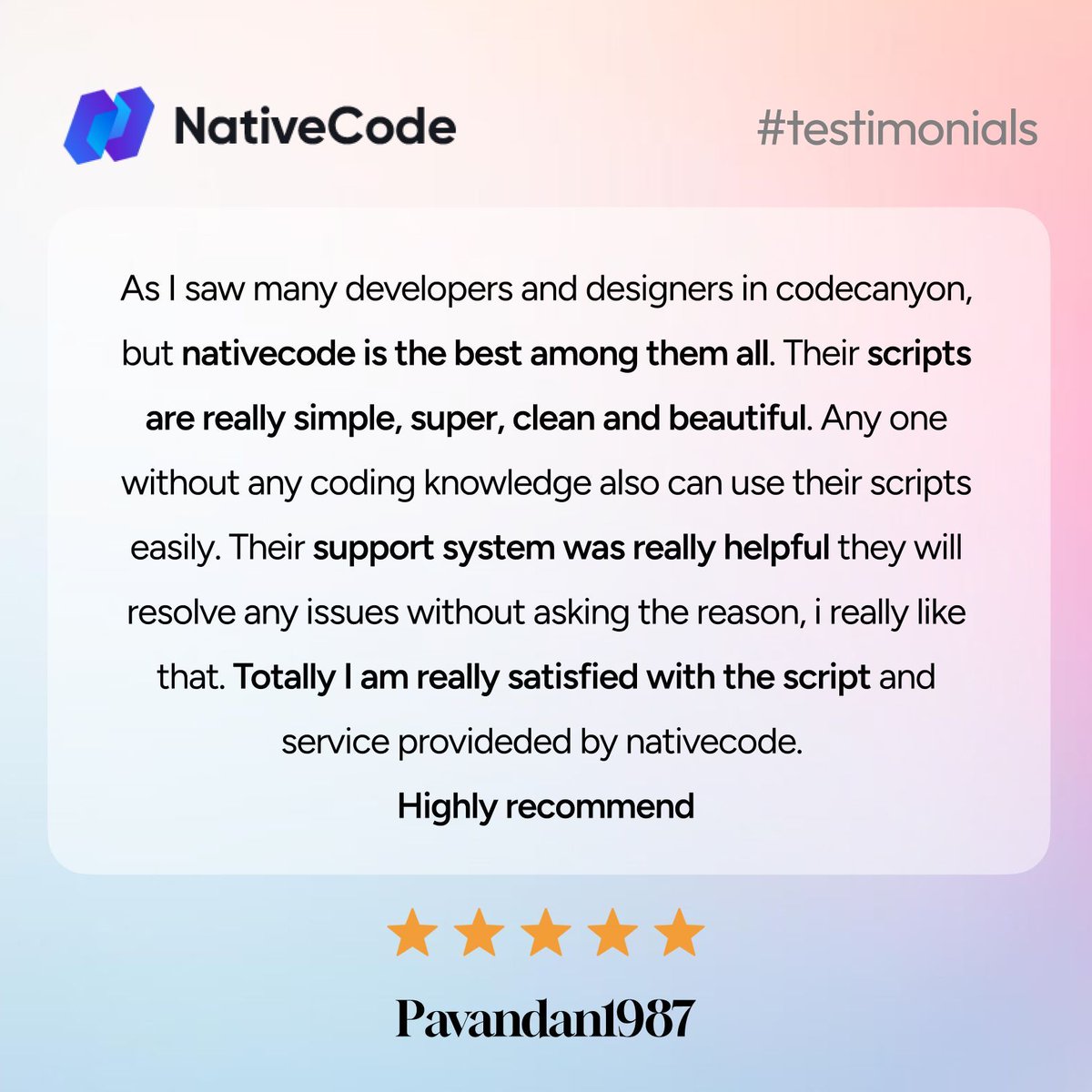 NativeCodeIn's tweet image. One of the Best Feedbacks ever 🤩
Check our Products here - cutt.ly/6raSfYYJ
#SaaS #NativeCode #ClientFeedback