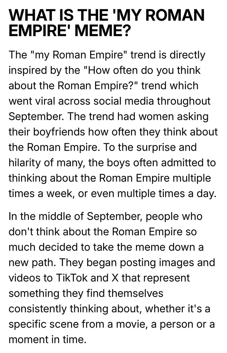 MissIN_Decent's tweet image. My daughter posted:
‘My Roman Empire. ❤️ I think about this daily.’

I’m like…OOOO that’s deep. WTF does it mean though? So as usual, I had to Google it to get it. 

I’ll comment with my X favorites. 😅 I’m DYING. To each their own!

What’s YOUR Roman Empire?
#internetpoints 🤗