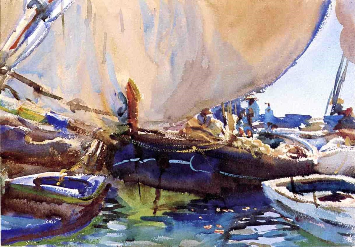 John Singer Sargent’s seemingly almost random watercolour swishes and blobs in this close-up view at L magically resolve themselves into a convincing maritime scene (at R) ~ Melon Boats 1905, probably painted in Haifa (Brooklyn Museum)