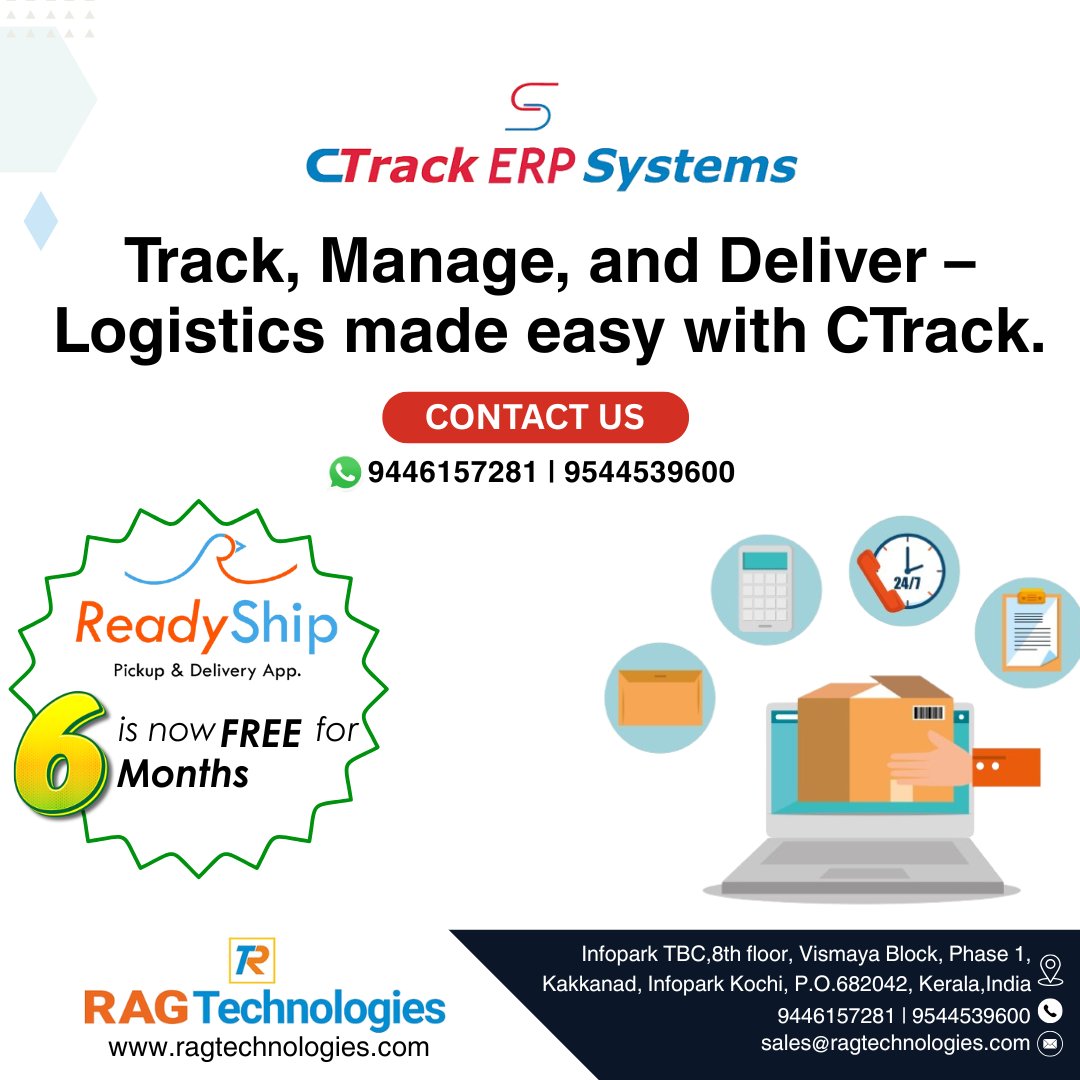 XRagTech's tweet photo. TRACK, MANAGE, &amp; DELIVER WITH EASE USING CTRACK!

✅Get 6 months FREE access to the ReadyShip Pickup &amp; Delivery App

Contact us: 📞9446157281 | 9544539600 
https://t.co/JgPwr2TZHh

#ragtechnologies #softwarecompany #bestsoftwarecompanyinkochi #kochi https://t.co/rquKL88qYS