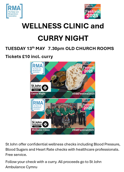 R&amp;M Festival 2025 Wellness Clinic and Curry Night.
Tuesday 13th May in the OCR from 7.30pm.
All proceeds go to St John Ambulance Cymru
#RMFestival2025