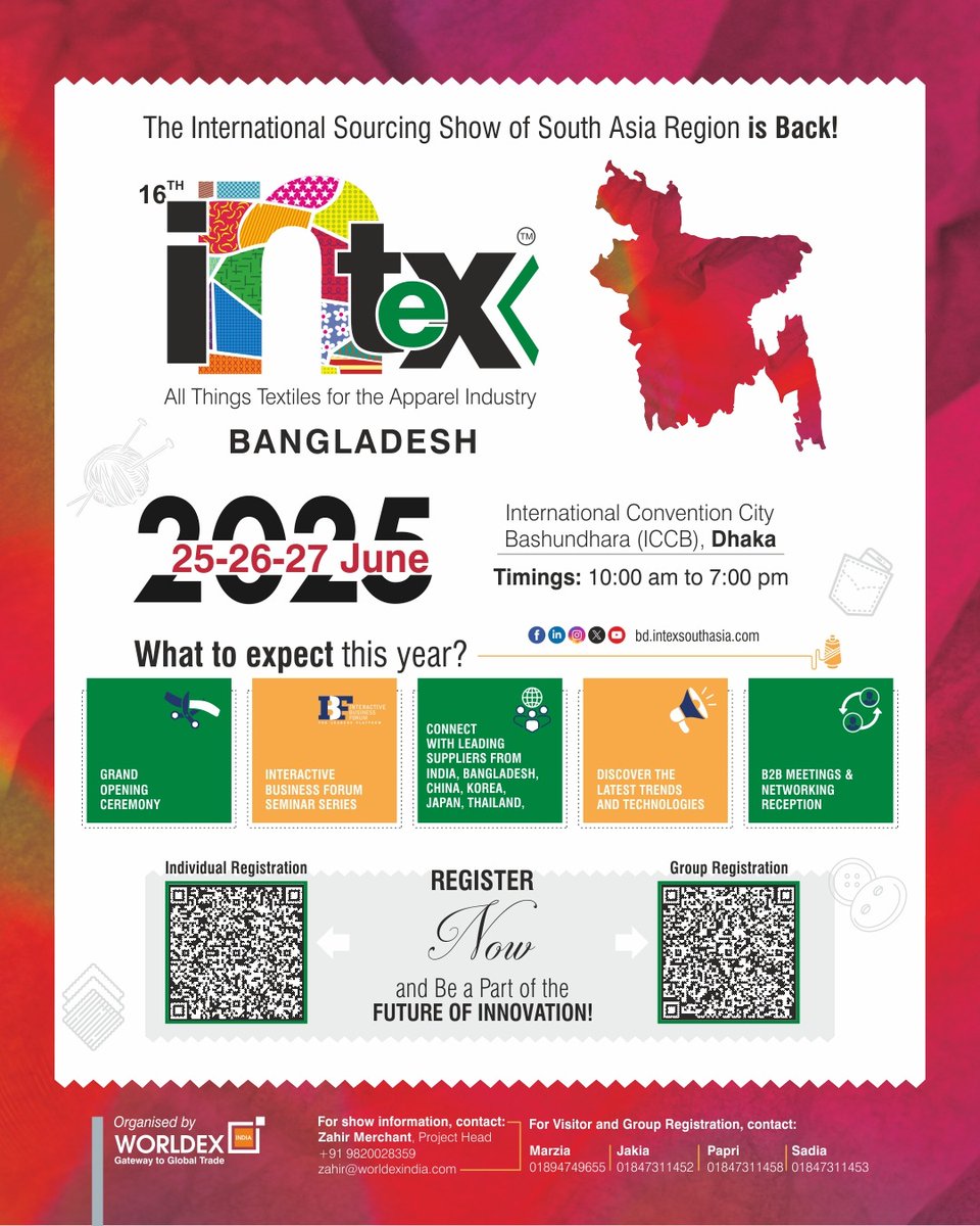 TextileLearner's tweet image. #TextileLearner #IntexSouthAsia
Visit Intex Bangladesh this June 
📷 25–26–27 June 2025
📷 ICCB, Dhaka | 📷 10:00 AM – 7:00 PM
📷 Register Now:
bd.intexsouthasia.com/buyer_reg
📷 Get your E-badge
📷 Skip the queues with express entry