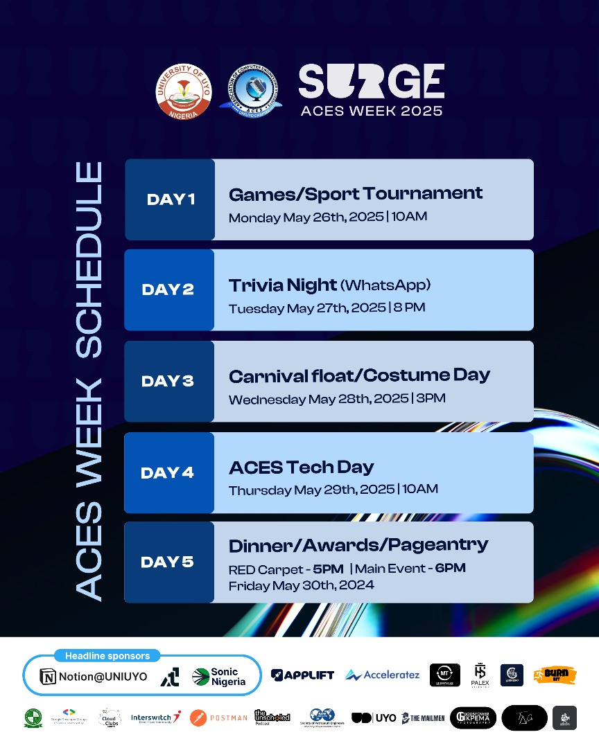 It's the month of May, and our ACES week is very quickly catching up with us😌😌.

Our schedule is fixed. Is yours? If not, why not 🌝?
We're ready for your indulgence, your engagements, your drip, your vibes. Bring it on. We want it all