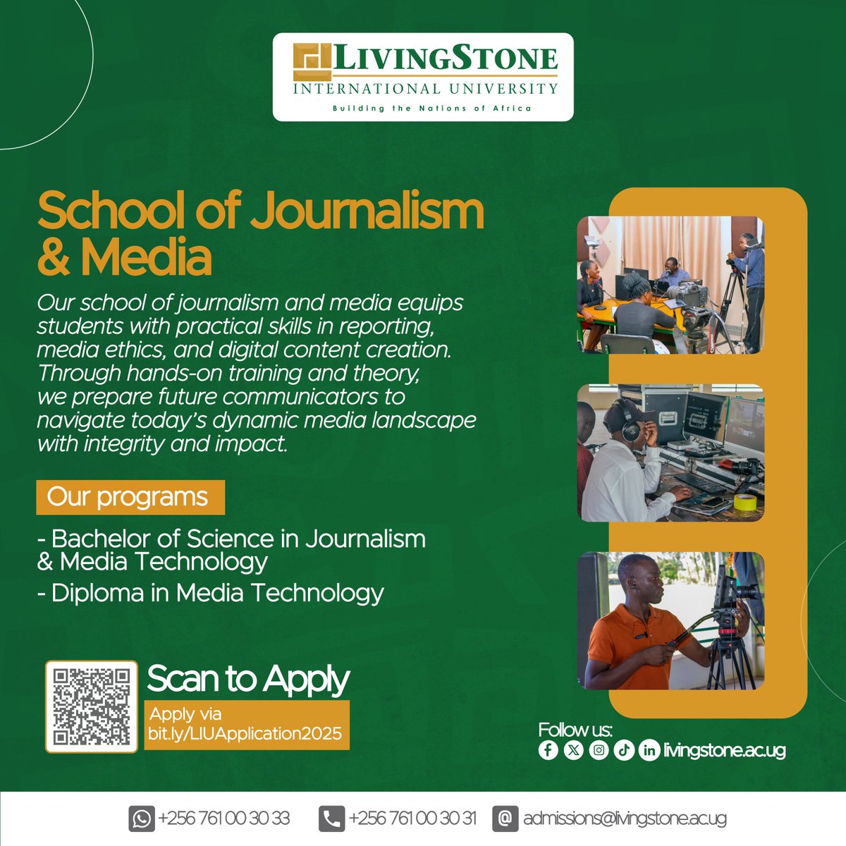 LIUUganda's tweet photo. Our School of Media and Communication equips you with practical, industry-ready skills in journalism, film, digital content creation &amp; strategic communication.
Be part of our August intake today!
Visit 🌍https://t.co/XL7WSbUjj4 to apply
WhatsApp / call +256761003033 /+25676100303 https://t.co/cd8r5f9dNG