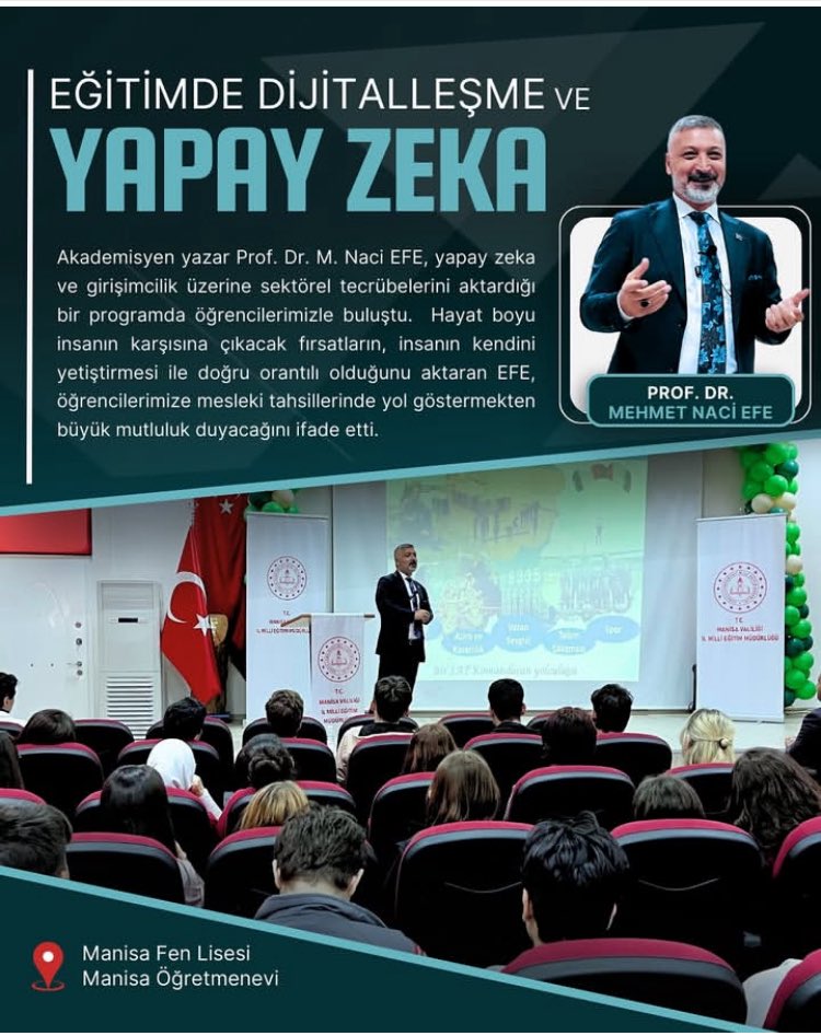 AR-GE Manisa (@argemanisa) on Twitter photo Yapay zekâ ve girişimcilik alanlarında akademik dünyada ve özel sektörde çalışmalarıyla ulusal uluslararası projelerde yer alan Prof. Dr. Mehmet Naci EFE, öğrencilerimizle bir aradaydı. <a href="/Yusuf__Tekin/">Yusuf Tekin</a> <a href="/tcmeb/">Millî Eğitim Bakanlığı</a> <a href="/meb_sgb/">MEB Strateji Geliştirme Başkanlığı</a> <a href="/ercanturk28/">Ercan TÜRK</a> <a href="/ayhanozturkmeb/">Ayhan Öztürk</a> <a href="/il_mem_45/">Manisa İl Millî Eğitim Müdürlüğü</a> <a href="/m_ugurelli/">Mehmet UĞURELLİ</a> <a href="/ebalci45/">erdincbalci</a> Yapay zekâ ve girişimcilik alanlarında akademik dünyada ve özel sektörde çalışmalarıyla ulusal uluslararası projelerde yer alan Prof. Dr. Mehmet Naci EFE, öğrencilerimizle bir aradaydı. <a href="/Yusuf__Tekin/">Yusuf Tekin</a> <a href="/tcmeb/">Millî Eğitim Bakanlığı</a> <a href="/meb_sgb/">MEB Strateji Geliştirme Başkanlığı</a> <a href="/ercanturk28/">Ercan TÜRK</a> <a href="/ayhanozturkmeb/">Ayhan Öztürk</a> <a href="/il_mem_45/">Manisa İl Millî Eğitim Müdürlüğü</a> <a href="/m_ugurelli/">Mehmet UĞURELLİ</a> <a href="/ebalci45/">erdincbalci</a>