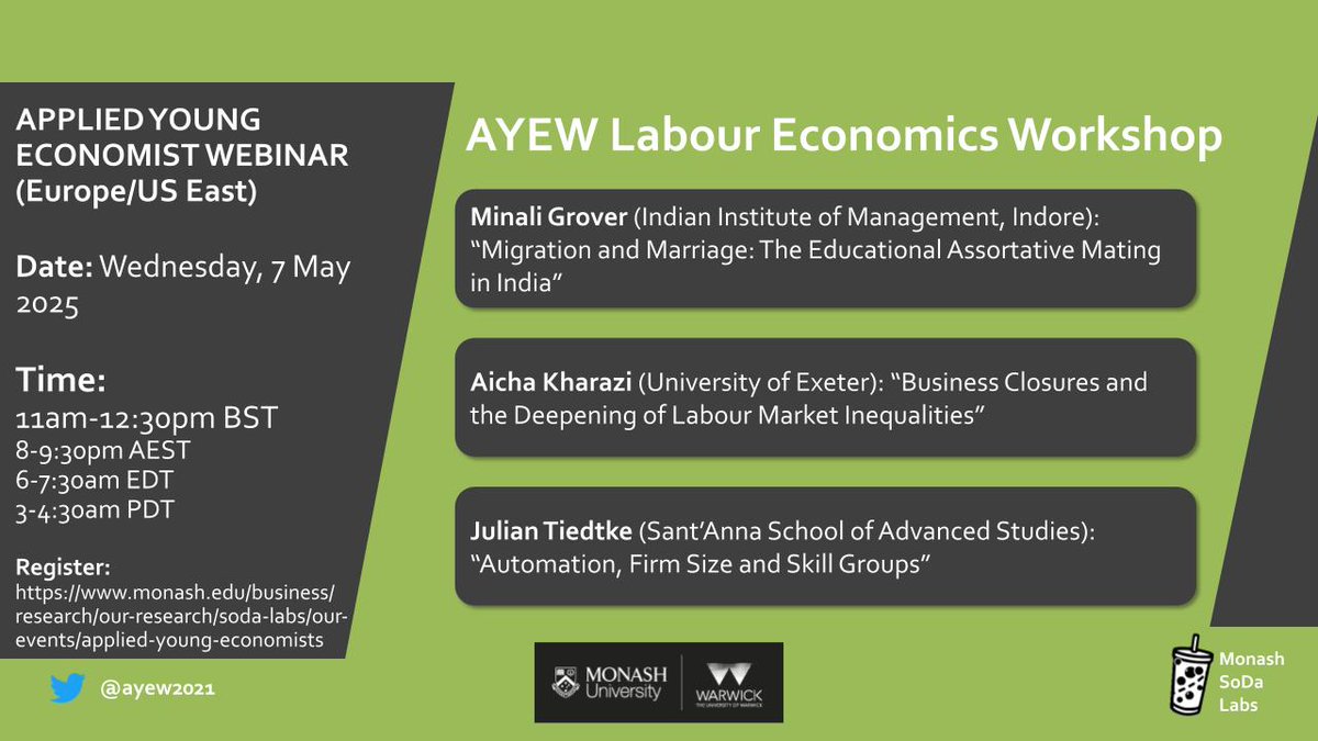 Applied Young Economist Webinar (@ayew2021) on Twitter photo TOMORROW (7 May): AYEW Labour Economics Workshop!
Join us at 11:00am BST to listen to <a href="/minali__grover/">Minali</a> (<a href="/IIM_I/">IIM Indore</a>), <a href="/AichaKharazi/">Aicha Kharazi</a> (<a href="/UniofExeter/">University of Exeter</a>) and Julian Tiedtke (<a href="/ScuolaSantAnna/">ScuolaSantAnna</a>)
Sign up for Zoom details: monash.edu/business/impac… TOMORROW (7 May): AYEW Labour Economics Workshop!
Join us at 11:00am BST to listen to <a href="/minali__grover/">Minali</a> (<a href="/IIM_I/">IIM Indore</a>), <a href="/AichaKharazi/">Aicha Kharazi</a> (<a href="/UniofExeter/">University of Exeter</a>) and Julian Tiedtke (<a href="/ScuolaSantAnna/">ScuolaSantAnna</a>)
Sign up for Zoom details: monash.edu/business/impac…