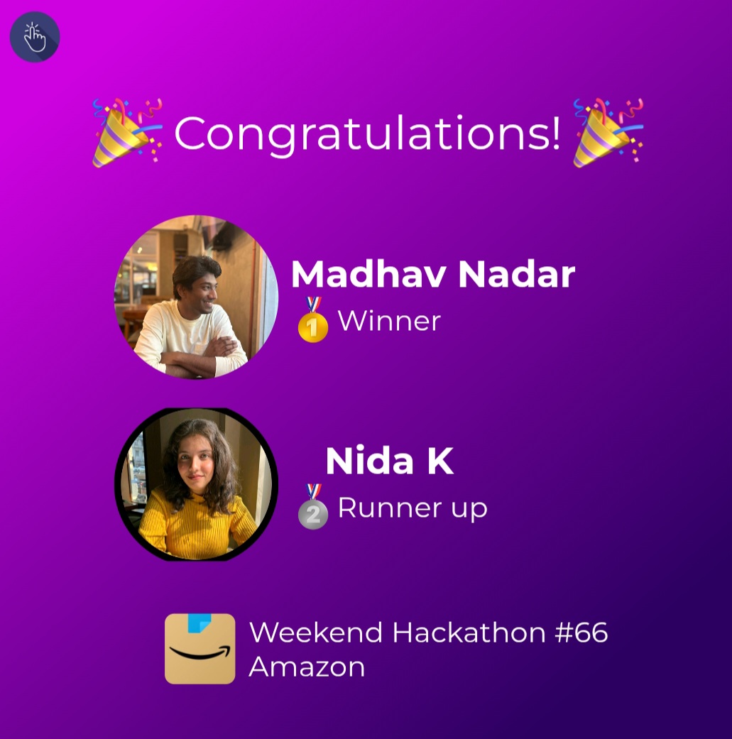🏆 Winners of Weekend Hackathon #66 on <a href="/amazon/">Amazon</a> challenge are:

🥇<a href="/trymadhav/">madhav</a> 
🥈 Nida Khan

🥳 Congratulations!

👉🏻 Check out the winning designs at: l.uxhack.co/806z2x

#amazon #amazonprime #ecommerce #uxhack #userexperience #design #productredesign #hackathon