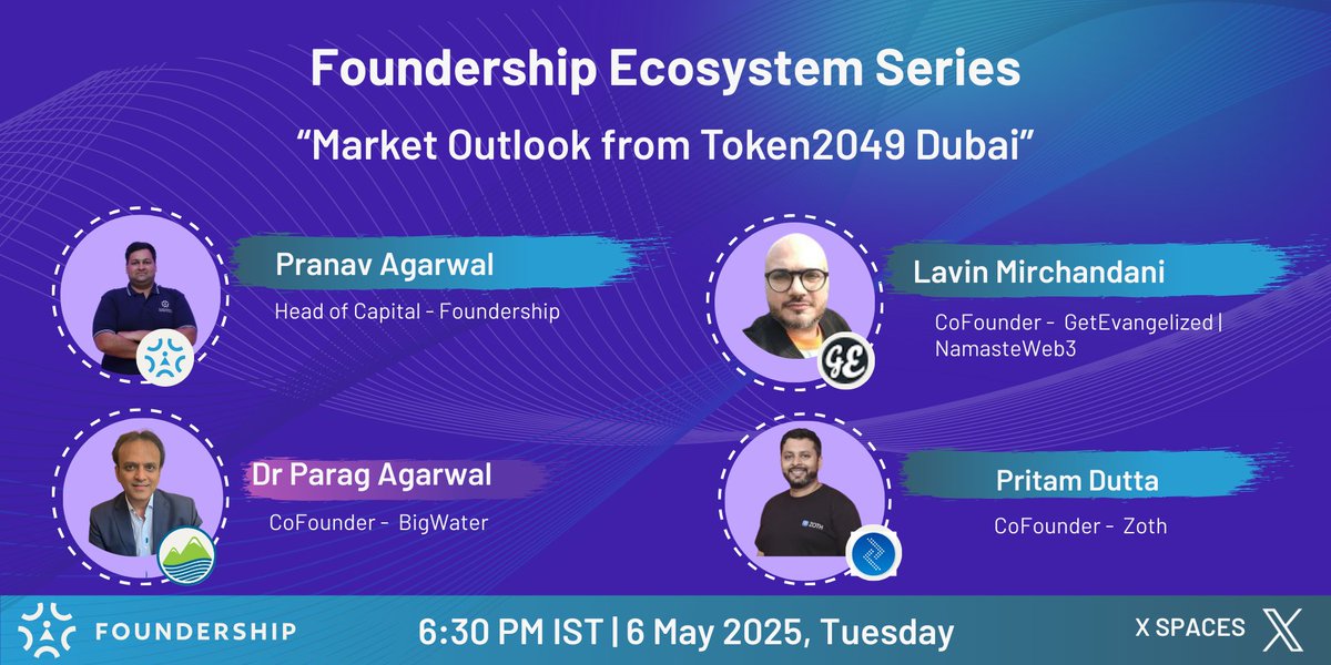 FoundershipHQ's tweet photo. 📢 Join us LIVE today at 6:30 PM IST | 5pm Dubai!

We're back with another edition of the Foundership Ecosystem Series — this time diving into the 

“Market Outlook from Token2049 Dubai” 🧠🌍

🎙️ Featuring: 👇

Pranav Agarwal – Head of Capital, Foundership @finallrounder @FoundershipHQ 

Lavin Mirchandani – CoFounder, GetEvangelized | @NamasteWeb3  @LavinM  @GetEvangelized 

Dr. Parag Agarwal – CoFounder, BigWater @BigWProtocol 

Pritam Dutta – CoFounder, Zoth @pritrules @zothdotio 

Expect deep insights, predictions, and learnings from Token2049 that could shape your next big move in Web3 🚀

🕡 6:30 PM IST | 5pm Dubai 
🗓️6 May 2025, Tuesday
📍 LIVE on X Spaces - https://t.co/g1CmA5M1oS

👉 Set a reminder and join the convo. Don’t miss out!

#Token2049 #Web3 #CryptoVC #Foundership #XSpaces #CryptoFounders #RWA