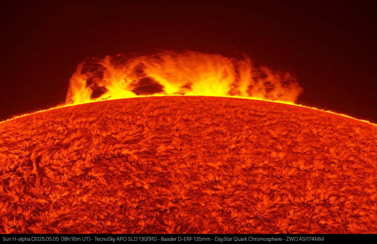 zwoastro's tweet photo. 📷 Massive Solar Prominence
Captured by Salvo Lauricella, this stunning image reveals the detail of a giant solar prominence using the ZWO ASI174MM.
📷 Gear used:
ZWO ASI174MM
Tecnosky APO SLD 130/910
Baader D-ERF 135mm
Daystar Quark Chromosphere
#ZWO #ASI174MM #Astrophotography https://t.co/6BEUluXXmP