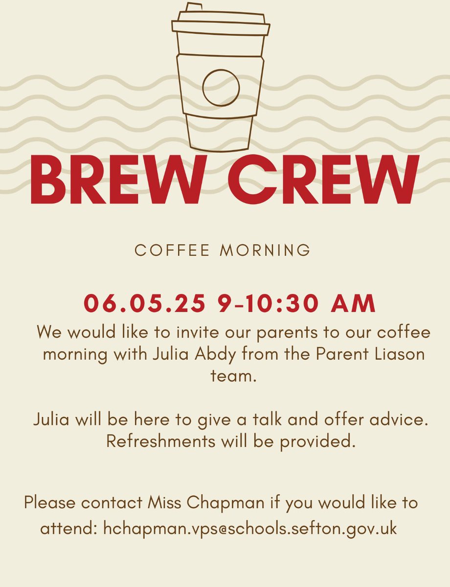Morning parents and carers…
Reminder: VPS Brew Crew - Today from 9am. 
Come along if you can, you’d be very welcome. ☕️🍪