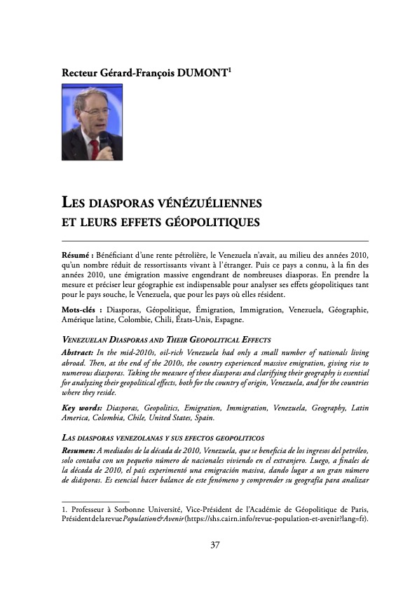 « Les diasporas vénézuéliennes et leurs effets géopolitiques » : une analyse de <a href="/gfdumont/">GF Dumont</a>  dans la revue Géostratégiques. shs.hal.science/halshs-0504161…