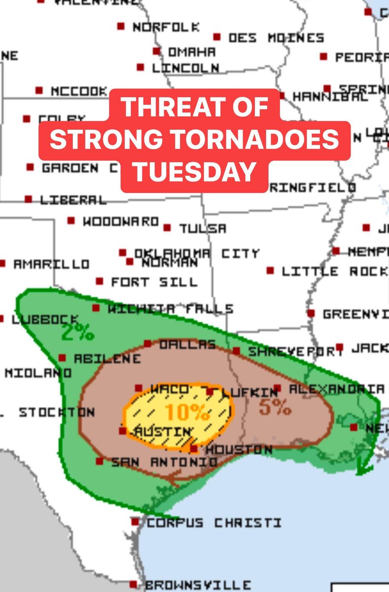 THREAT OF STRONG TORNADOES central/eastern Texas tomorrow afternoon in an area around Austin to Lufkin to Houston!

The Storm Prediction Center has issued an enhanced risk with a hatch area for EF2+ tornadoes. 

Stay tuned to watches and warnings!