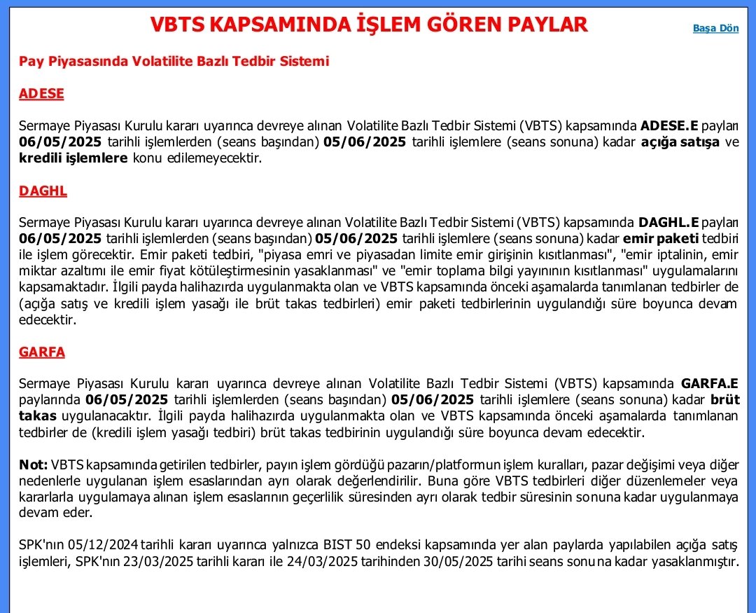 Erdalbakir23's tweet image. #ADESA #DAGHL #GARFA #BORSA #poip #bist30 #bist50 #BIST1OO #bist500 #BİSTTUM

📈📉 Vbts kapsamında işlem gören hisseler 

 📆 06.05.2025-05.06.2025

🙏#BORSAYATIRIM #takipet