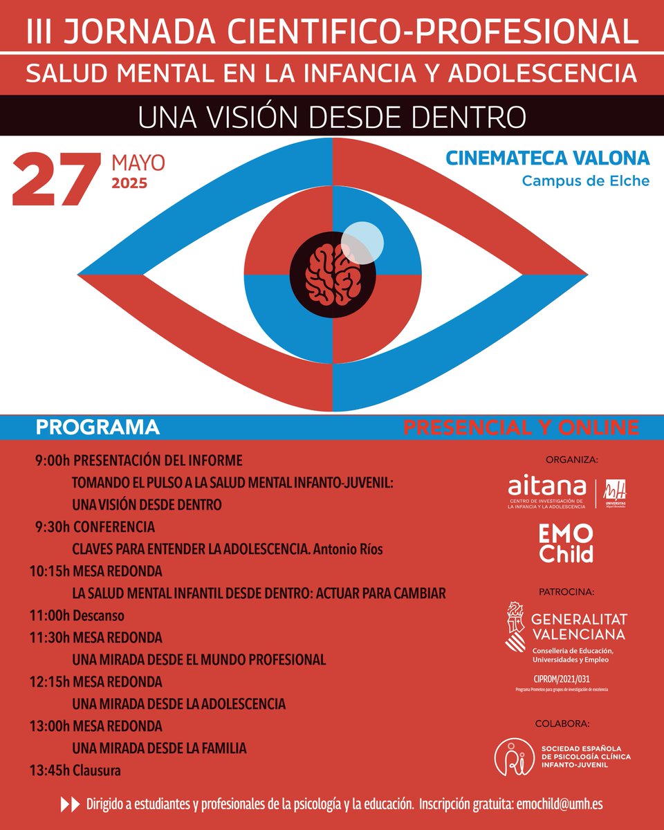 RedInfancia2's tweet photo. Mañana esta III Jornada Científico-Profesional de Salud Mental en Infancia y Adolescencia coorganizada por @Grupo_Aitana desgranará el importante proyecto #Emochild
Apúntate: https://t.co/AAQ18XSDVg
#SaludMentalInfantil #Psicología #Educación #UMH #JornadaSaludMental https://t.co/s0tSP3Qaz6
