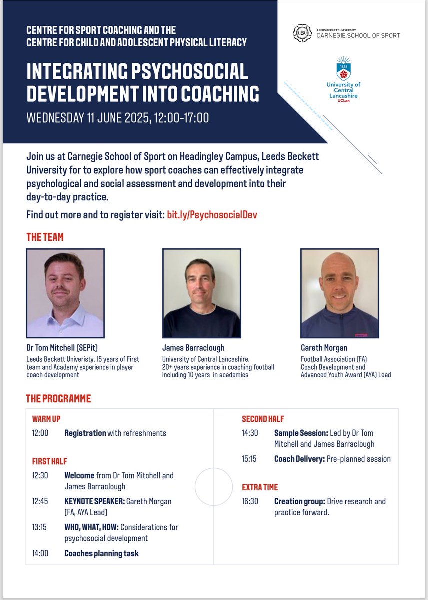 Dr Tom Mitchell (@tom_mitch3) on Twitter photo We are delighted to release the agenda for the our Integrating Psychosocial Development into Coaching event on June 11th with myself, <a href="/MindcraftPerf/">James Barraclough</a> and our amazing keynote <a href="/garethmorgan113/">Gareth Morgan</a>
🔗
leedsbeckett.ac.uk/events/sport/i… We are delighted to release the agenda for the our Integrating Psychosocial Development into Coaching event on June 11th with myself, <a href="/MindcraftPerf/">James Barraclough</a> and our amazing keynote <a href="/garethmorgan113/">Gareth Morgan</a>
🔗
leedsbeckett.ac.uk/events/sport/i…
