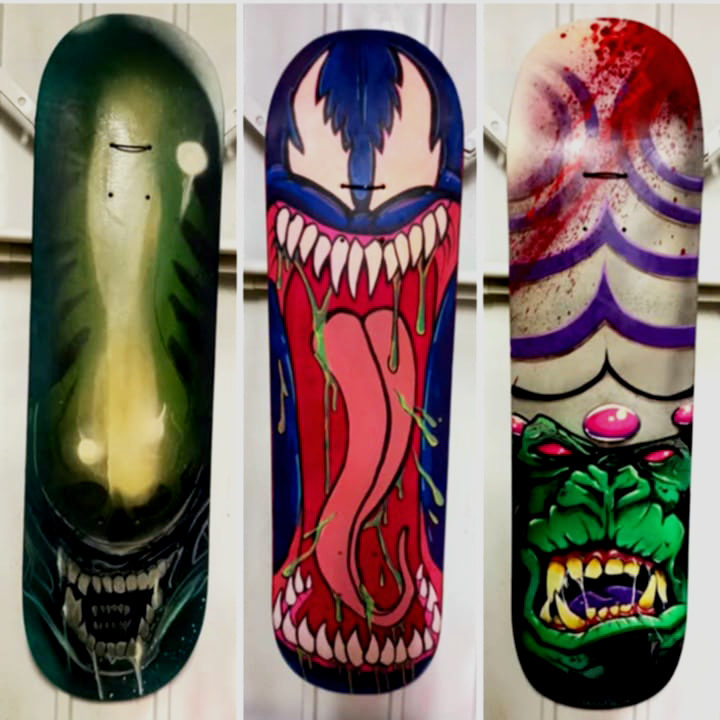 The start of a few custom-painted skateboard decks! I'm going to be selling these at Newton Aycliff's very own #cliffecon2025 hosted by <a href="/cutefoxevents/">Cute Fox Events 🦊</a>  #custom #painted #deck #monkeys #ComicArt