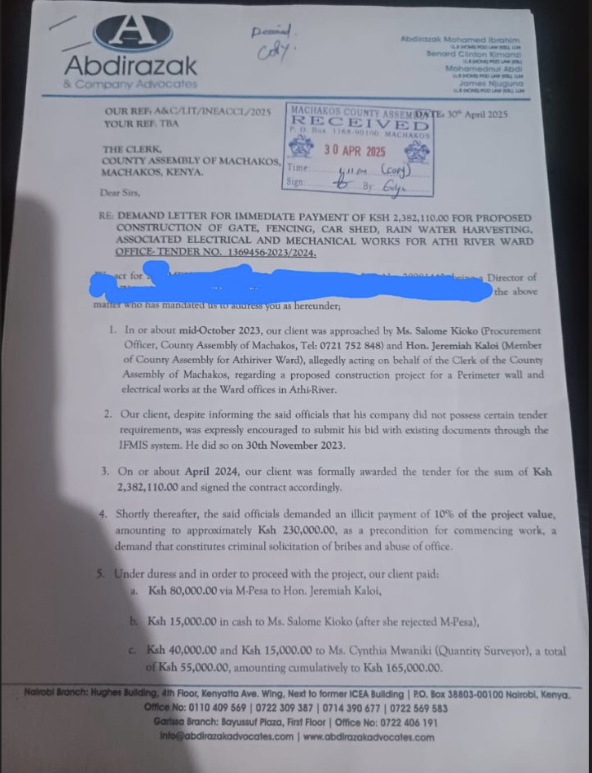 C_NyaKundiH's tweet photo. Contractor’s Home on Auction After Ksh 2.38M Project Payment Withheld by Machakos County

A contractor who undertook construction work for the County Assembly of Machakos is now facing the forced sale of his matrimonial home after the Assembly allegedly failed to pay him for a fully executed public tender.

The contractor, who completed a Ksh 2.38 million project involving gate installation, fencing, water harvesting systems, and electrical works at the Athi River Ward office, says he has been taken in circles by county officials who first demanded bribes, then mishandled payments, and have now gone silent while he battles to save his only property from auction.

According to documents seen by this publication, the contractor was approached in October 2023 by a Member of County Assembly and a procurement officer from the Assembly.

Despite his reservations about compliance requirements, he was encouraged to submit a bid through the official IFMIS system, which he did in November 2023. He was awarded the tender in April 2024 and signed the necessary contract.

Before work could begin, he claims he was pressured to part with over Ksh 160,000 in bribes demanded by various officials.

He paid the amounts to three different individuals, including an MCA and a quantity surveyor, in what he describes as extortion disguised as facilitation for project commencement.

He proceeded with the project under financial strain and executed the works between June and December 2024, after which he officially requested payment.

In March 2025, the County attempted to pay him Ksh 1.94 million as a partial settlement but the payment was recalled just five days later.

The reason given was an internal error in the finance department related to account details. The contractor provided clarifications, but instead of the matter being resolved, he was coerced to write a letter accepting blame for the county’s error, under threat that payment would be blocked unless he complied.

After reluctantly doing so, he was again asked to pay an additional Ksh 100,000 to ‘facilitate’ correction of the payment. This time, he refused.

Since then, the officials have gone silent.

The full contract amount remains unpaid.

With no income to service his bank loan, borrowed specifically to implement the project, the contractor has defaulted.

His home, which was used as collateral, is now under imminent threat of being sold.

In court, the contractor tried to stop the sale by challenging the bank’s figures and alleging inflated interest and improper accounting but the court ruled that while the borrower raised these concerns, he failed to provide credible or detailed evidence.

The court held that the bank had followed all legal procedures under the Land Act, including proper issuance of statutory notices. As such, the lender’s power of sale was upheld.

In a formal demand letter to the County Assembly, the contractor’s advocates have called for immediate payment of the full contractual amount with interest, an apology, and disciplinary action against the officials named in the extortion scheme.

He has stated that if payment is not made within seven days, they will file a formal petition for the removal of the involved officers and lodge criminal complaints with the Directorate of Criminal Investigations and the Ethics and Anti-Corruption Commission (EACC).

The matter raises serious questions about misuse of public procurement channels and the vulnerability of small-scale contractors who rely on the integrity of government entities to survive.

With his property on the verge of being auctioned and no response from the County Assembly, the contractor says he has run out of legal and financial options and is now appealing to oversight authorities and the public for intervention.
