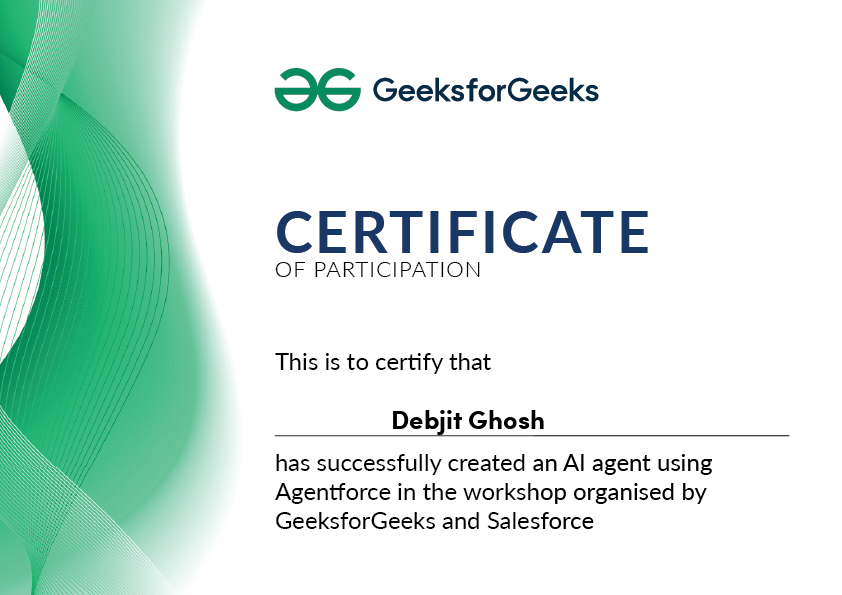 debjithackss's tweet photo. Thrilled to have built my first AI agent using Agentforce in a workshop by @geeksforgeeks  &amp; @salesforce ! 🚀

Real-world AI + CRM experience = 🔥

#AI #AIAgent  #Agentforce #Salesforce  #GeeksforGeeks #Certification #LearningByDoing https://t.co/lszvrOy5Bk