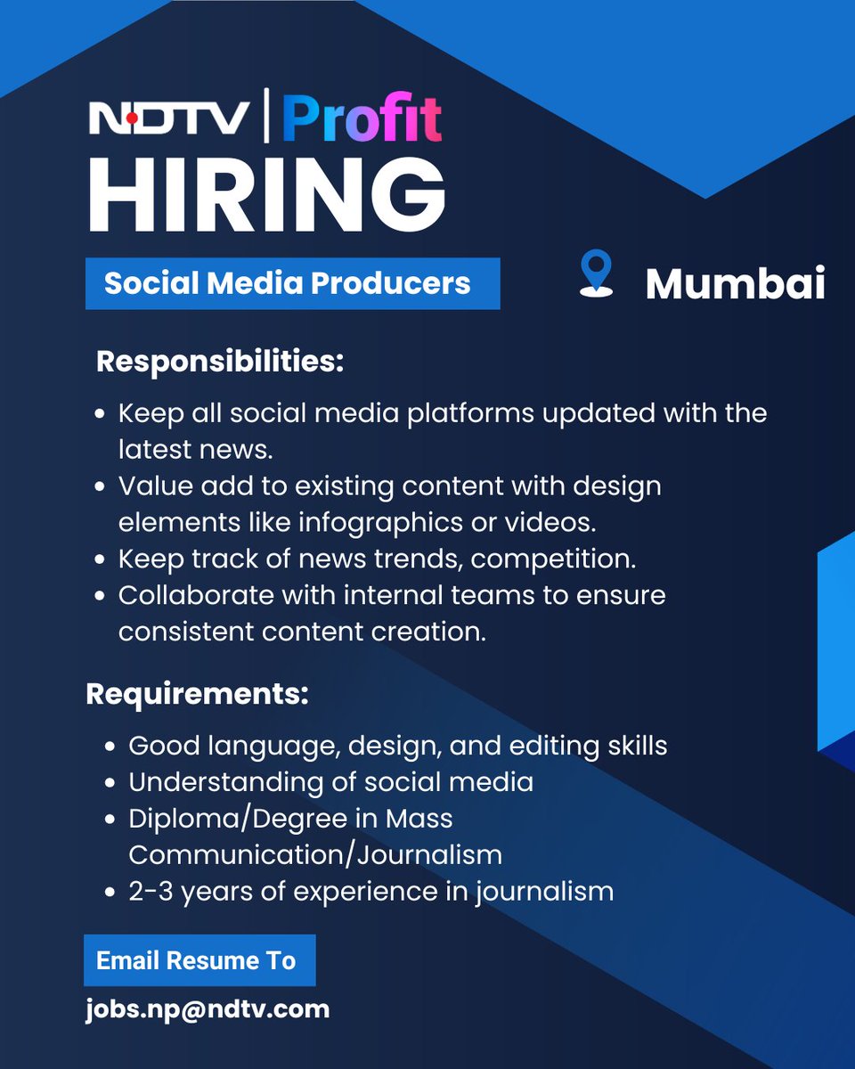 NDTV Profit (@ndtvprofitindia) on Twitter photo NDTV Profit is #hiring!
We are looking for someone with strong working knowledge of social media platforms, and who can think of new, creative, out-of-the-box ideas to push out news content on social platforms.
Send your resume to jobs.np@ndtv.com NDTV Profit is #hiring!
We are looking for someone with strong working knowledge of social media platforms, and who can think of new, creative, out-of-the-box ideas to push out news content on social platforms.
Send your resume to jobs.np@ndtv.com