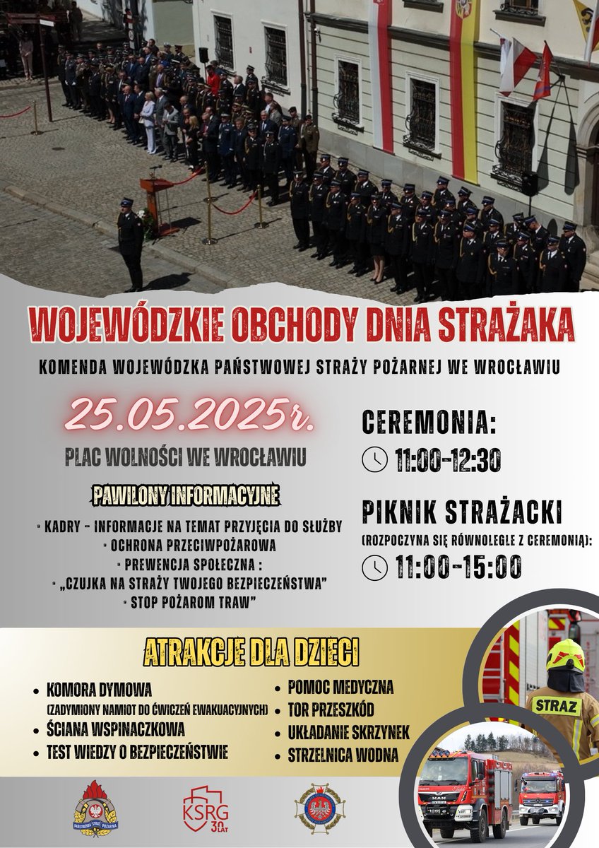 Komenda Wojewódzka PSP we Wrocławiu (@kwpspwroclaw) on Twitter photo 🔥Dzień Strażaka we Wrocławiu! 25.05.2025r., Plac Wolności 🚒 Ceremonia, piknik, atrakcje i pokazy!
Start 11:00 – bądź z nami! #DzieńStrażaka2025
<a href="/KGPSP/">Państwowa Straż Pożarna</a> 🔥Dzień Strażaka we Wrocławiu! 25.05.2025r., Plac Wolności 🚒 Ceremonia, piknik, atrakcje i pokazy!
Start 11:00 – bądź z nami! #DzieńStrażaka2025
<a href="/KGPSP/">Państwowa Straż Pożarna</a>
