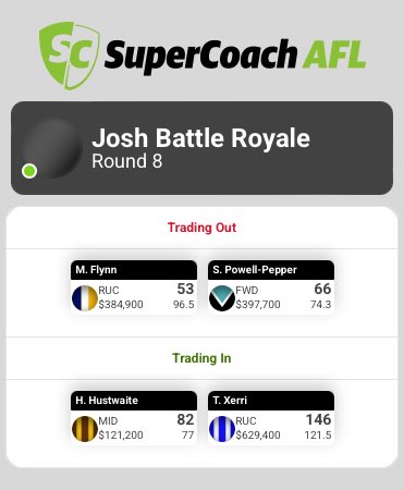 BFSupercoach's tweet photo. @Supercoach_DR @JanathFernando4 @SpillsSC @Third_ManUp @RossNicol12 @Verns_SC Hey Gents, Just wondering if these trades get the tick of approval. Also wondering if it’s fine having xerri in the flex, Cheers 👍 https://t.co/KbAtXzWeFK