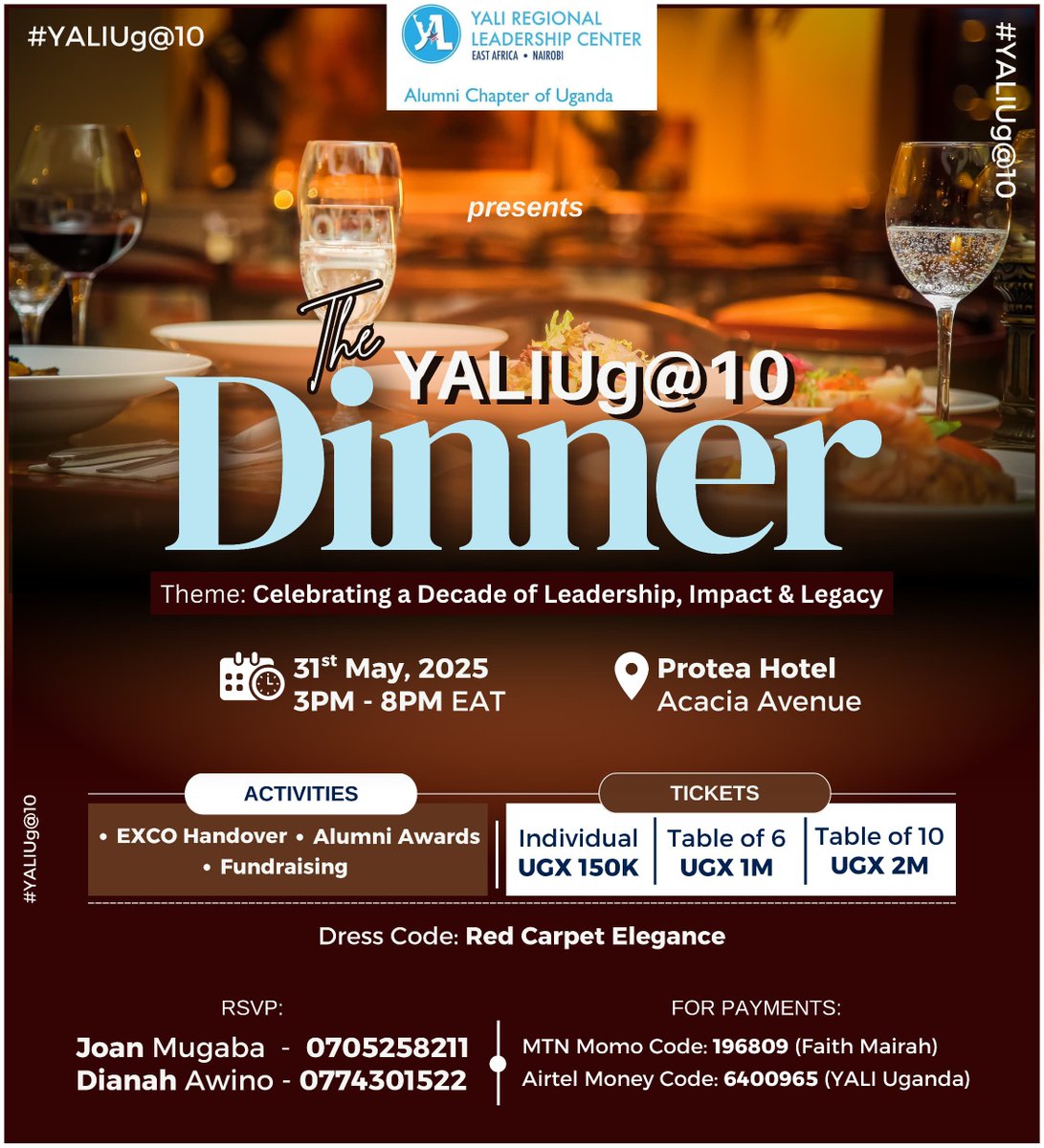 YALIRLCEA Alumni- UG (@yalirlcalumniug) on Twitter photo We’re celebrating 10 years of leadership, impact & legacy since <a href="/YALIRLCEA/">YALI RLC EA</a> rolled out team 🇺🇬 in the prestigious YALI leadership program and YOU’RE warmly invited!
Happening on the 31st of May 2025 from 3PM to 8PM at Protea Hotel along Acacia Avenue, we are hosting a We’re celebrating 10 years of leadership, impact & legacy since <a href="/YALIRLCEA/">YALI RLC EA</a> rolled out team 🇺🇬 in the prestigious YALI leadership program and YOU’RE warmly invited!
Happening on the 31st of May 2025 from 3PM to 8PM at Protea Hotel along Acacia Avenue, we are hosting a