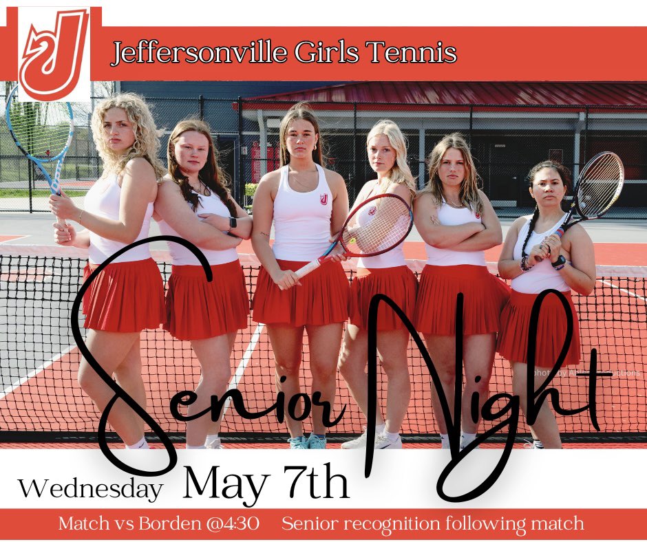 JeffHS_GTN's tweet photo. Wednesday at 4:30pm the Jeffersonville Girls Tennis Team plays Borden at Jeffersonville. After the match we’ll celebrate our Seniors! 🎾 https://t.co/fjSYK4oJUl
