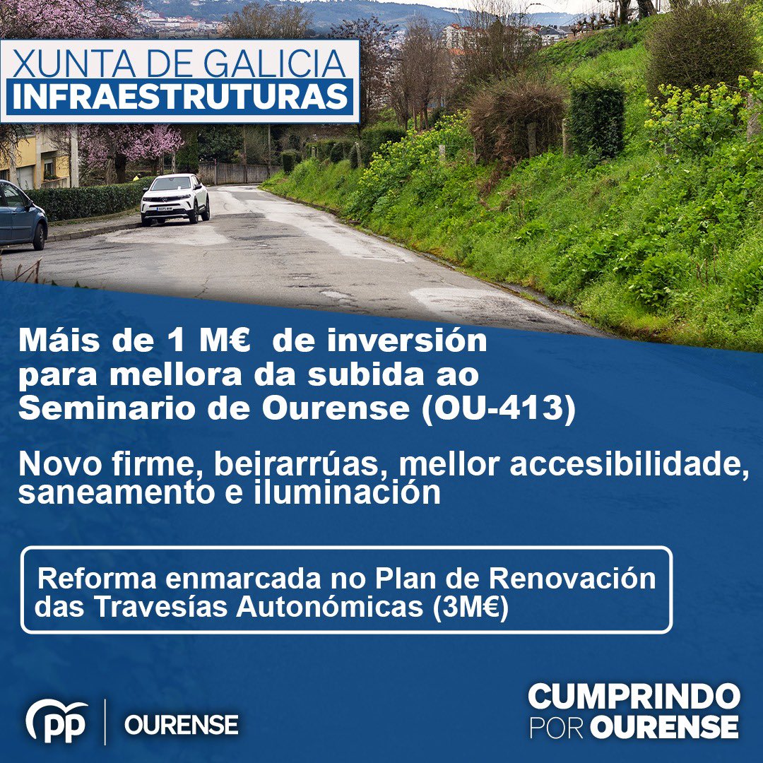 Unha vez máis a Xunta de Galicia demostra que cumpre con Ourense 👏🏻

🔵 Investirá máis de 1M€ na mellora da subida ao Seminario de Ourense (OU-413) ➡️ Novo firme, beirarrúas, maior accesibilidade, saneamento e iluminación