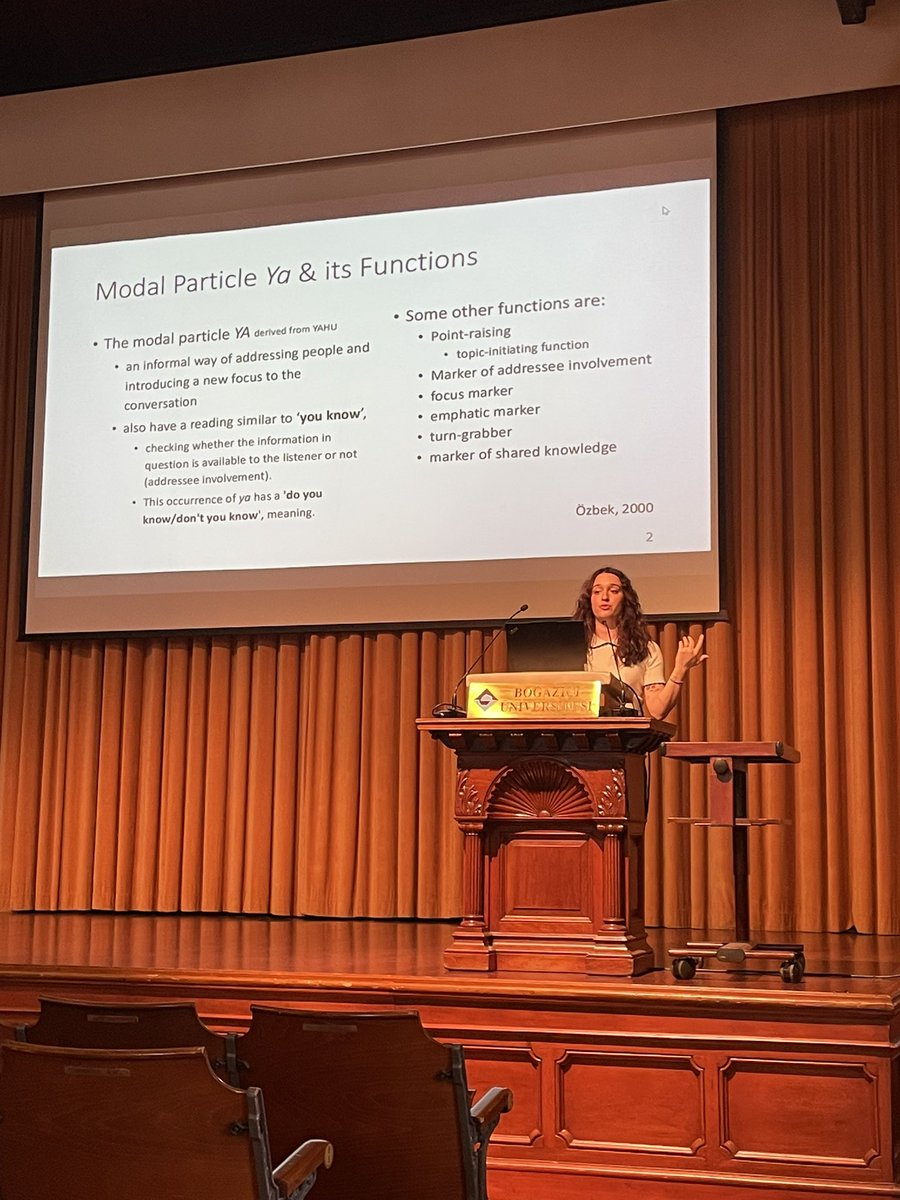 Scol_Boun's tweet photo. We continue to our second session with the presentation by Defne Bakırcı titled “The Role of the Turkish Modal Particle ya in Discourse Relations: An Experimental Study”. https://t.co/HzvjdBMhIY