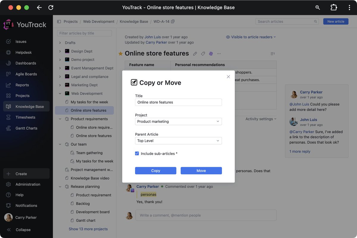 The new Article Actions app simplifies your work in the YouTrack Knowledge Base. Quickly create new articles by copying them, and move existing ones between and within projects. Get it now: jb.gg/ytKBAx