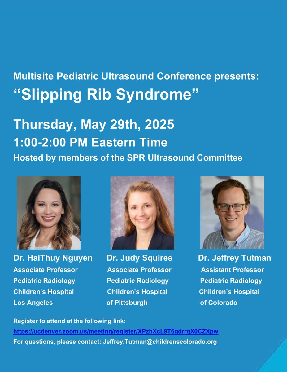 Jeffrey Tutman (@jeffreytutman) on Twitter photo Registration is open for the next Multisite #Pediatric #Ultrasound Conference with discussion of slipping rib syndrome, joined by Monique Riemann, Pediatric Sonographer from <a href="/PhxChildrens/">Phoenix Children's</a>
Thursday, May 29th at 11am MT/1pm ET
Registration available here: ucdenver.zoom.us/meeting/regist… Registration is open for the next Multisite #Pediatric #Ultrasound Conference with discussion of slipping rib syndrome, joined by Monique Riemann, Pediatric Sonographer from <a href="/PhxChildrens/">Phoenix Children's</a>
Thursday, May 29th at 11am MT/1pm ET
Registration available here: ucdenver.zoom.us/meeting/regist…