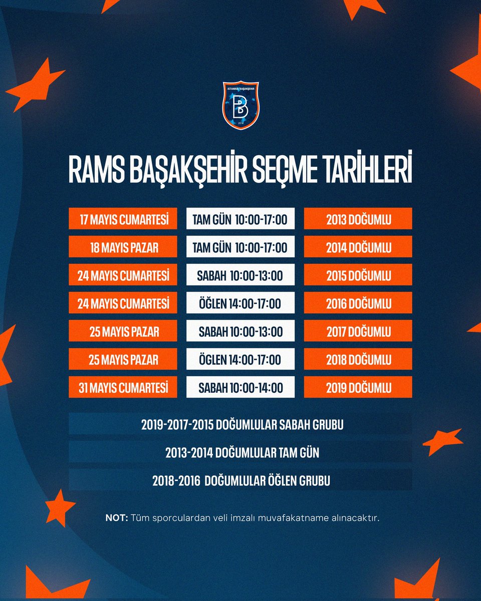 💫 İBFK Akademi, geleceğin yıldız adaylarını arıyor.

⚽️ Seçmeler için futbolcu ve kaleci adaylarımızın kendi yaş grubundaki seçme gününde, malzemeleri ve kimlik fotokopileri ile birlikte Başakşehir FK Kompleksi'ne gelmeleri ve kayıt formlarını imzalamaları gerekmektedir.