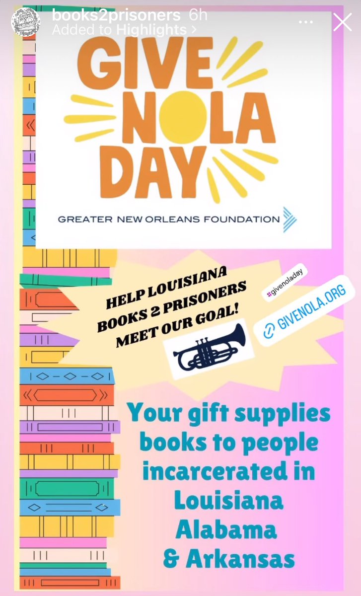 It’s #GiveNOLADay- please consider making a donation to Louisiana Books 2 Prisoners. We send free reading material to people who are incarcerated in jails, prisons, and ICE facilities in Louisiana, Alabama, and Arkansas.

givenola.org/organization/l…