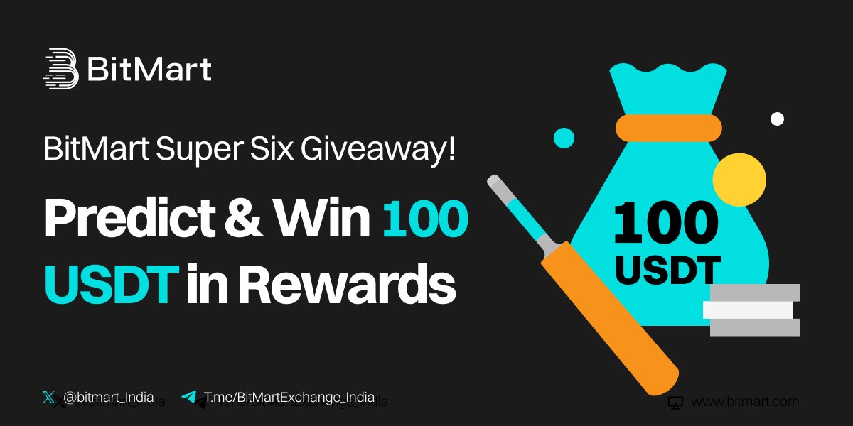 BitMart India (@bitmart_india) on Twitter photo BitMart Super Six Giveaway is here! 🎉
This IPL predict the winning team & Win 100 USDT in Rewards 🏏
Which team will be the winner of #PBKSvsDC ?
📲 Participate now
🔹Like, Repost & Tag 3 frens
🔹Follow us <a href="/BitMart_India/">BitMart India</a> & Join Telegram.me/BitMartExchang…
🔹 Sign up on BitMart Super Six Giveaway is here! 🎉
This IPL predict the winning team & Win 100 USDT in Rewards 🏏
Which team will be the winner of #PBKSvsDC ?
📲 Participate now
🔹Like, Repost & Tag 3 frens
🔹Follow us <a href="/BitMart_India/">BitMart India</a> & Join Telegram.me/BitMartExchang…
🔹 Sign up on