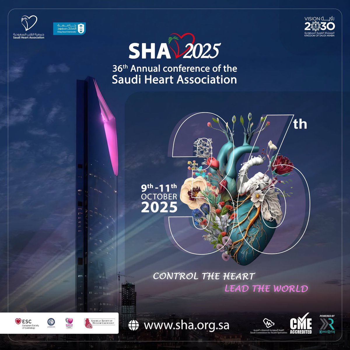 Get ready for the heartbeat of 

36th Annual Conference of the Saudi Heart Association

📍 Riyadh, Saudi Arabia
🗓️ 9–11 October 2025

Be there. Be inspired. Lead the world.
For Registration: saudi-heart.com/36th-annual-co…

#SHA2025 #SaudiHeartAssociation #Cardiology #HeartHealth