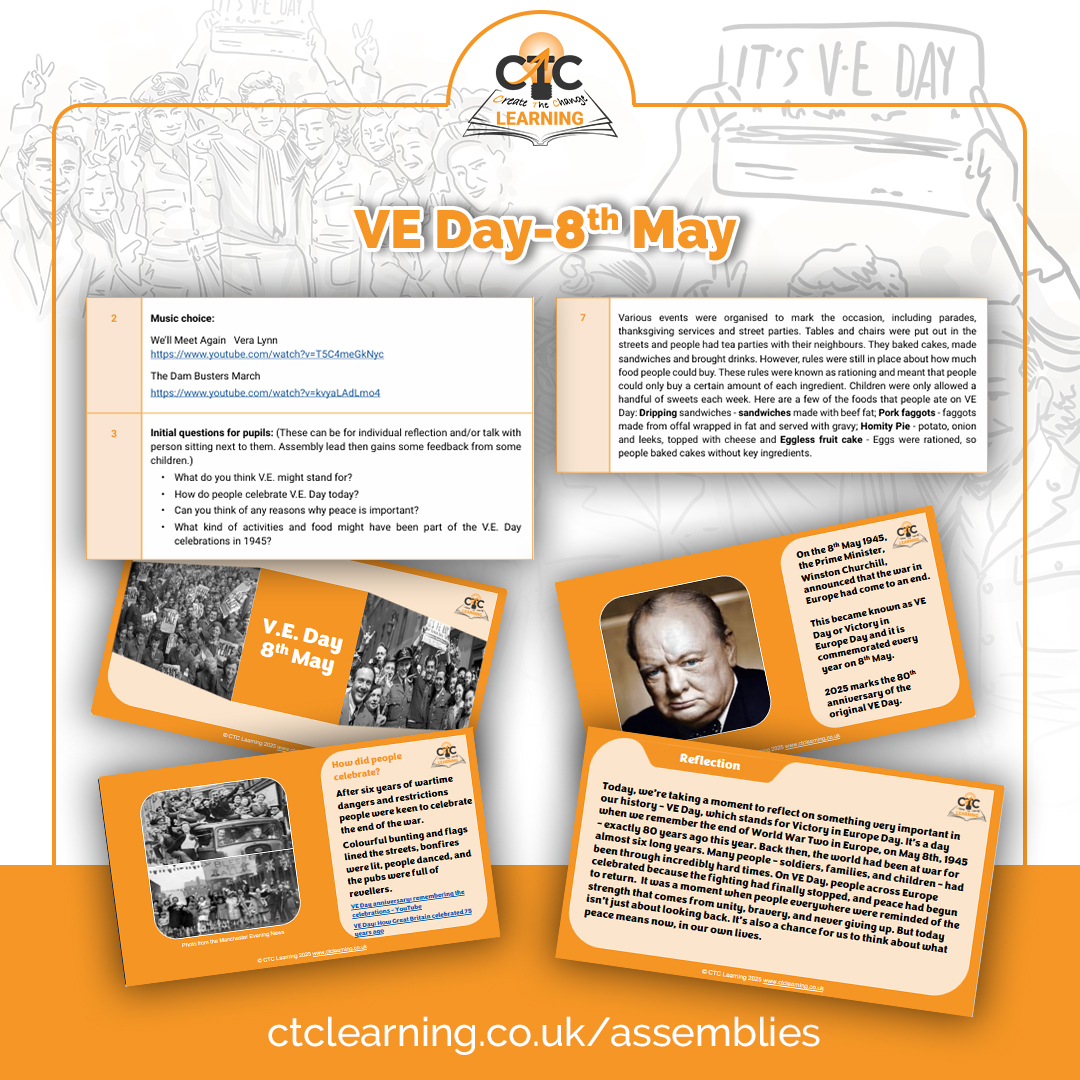 CTC_Learning's tweet image. Our VE Day assembly is available to download now. Full script, slides, video and music links. Only £7.99. ctclearning.co.uk
