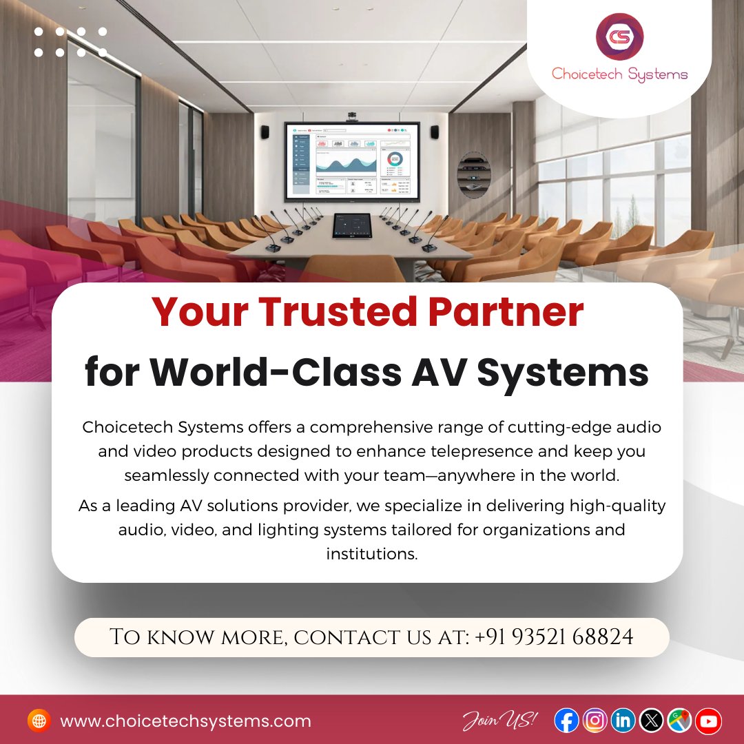 ChoicetechSyst1's tweet image. 🎥🔊 Elevate your communication with Choicetech Systems – your trusted partner for high-quality audio, video, and lighting solutions.
Seamless telepresence. Powerful connections.
👉 Discover the Best AV Solutions today!
#AVSolutions #ChoicetechSystems #Telepresence #AudioVisual