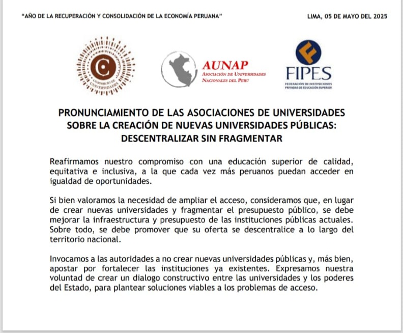 🔎 ALERTA EDUCATIVA:
EL Instituto Peruano de Derecho Educativo se adhiere al pronunciamiento de los gremios de universidades en contra de la propuesta del <a href="/congresoperu/">Congreso del Perú 🇵🇪</a> de crear nuevas universidades públicas, que también rechazó el <a href="/cneperu/">CNE Perú</a> oportunamente.

gob.pe/institucion/cn…